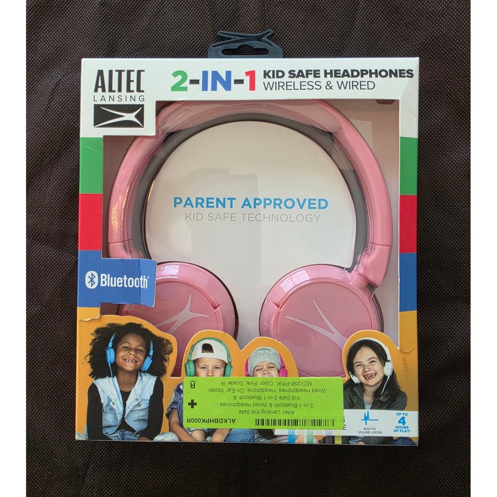 NEW Altec Lansing 2-in-1 Bluetooth & wired kid-safe headphones Model MZX250 pink